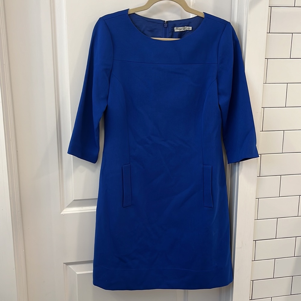 Eliza J Cobalt Blue Shift Flare Lined Dress 3/4 Sleeves with Pockets Size 6 GUC